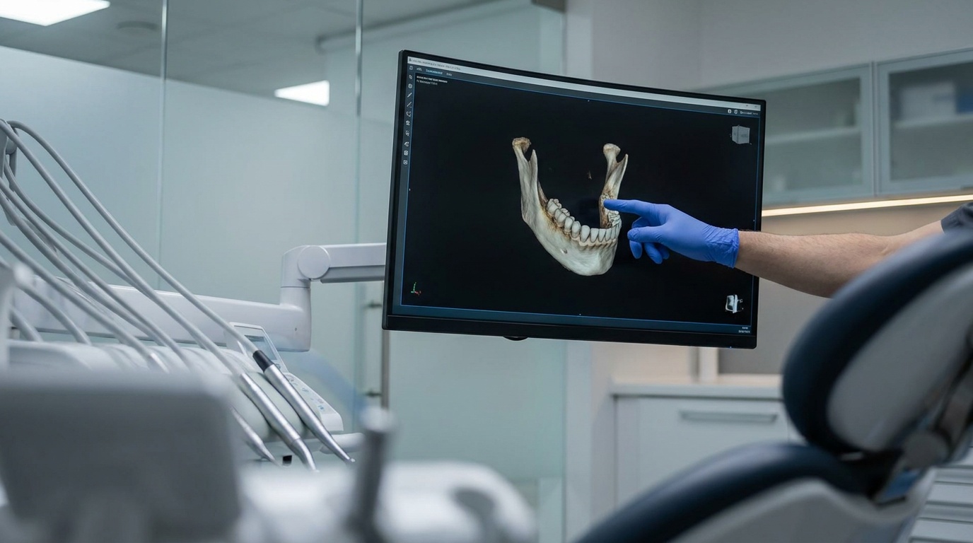 3D-Röntgenaufnahme des Kieferknochens auf einem Monitor