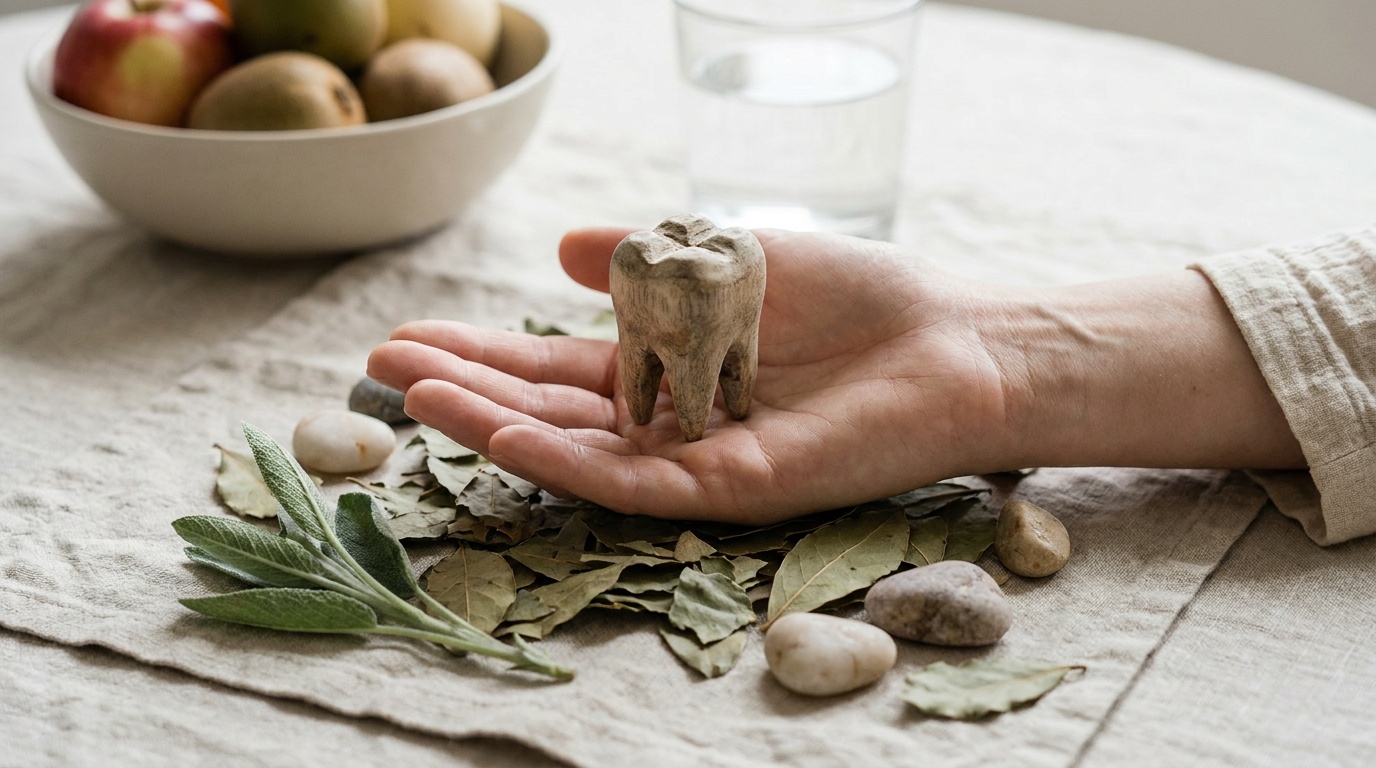 Holzzahnmodell auf einer geöffneten Hand als Symbol für ganzheitliche Gesundheit