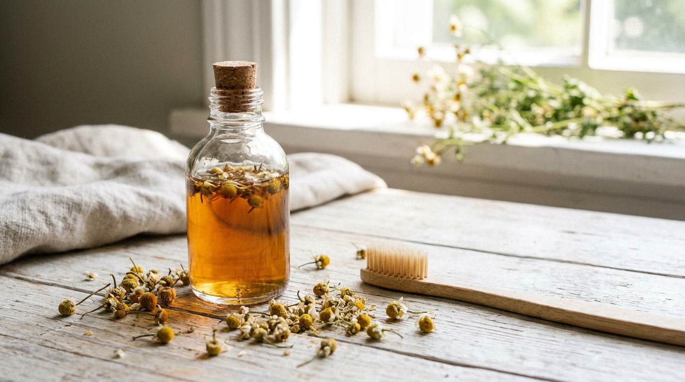Natürliche Mundspülung mit Kamillenblüten und Holzzahnbürste