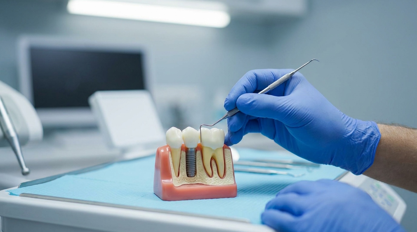 Zahnarzt untersucht Zahnfleisch um ein Implantat mit einer Sonde