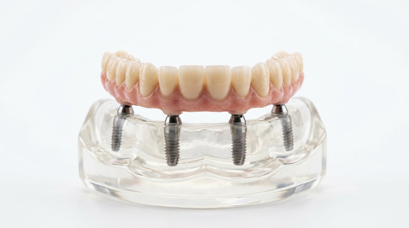 Zahnmodell mit Implantatbrücke auf vier Implantatpfosten