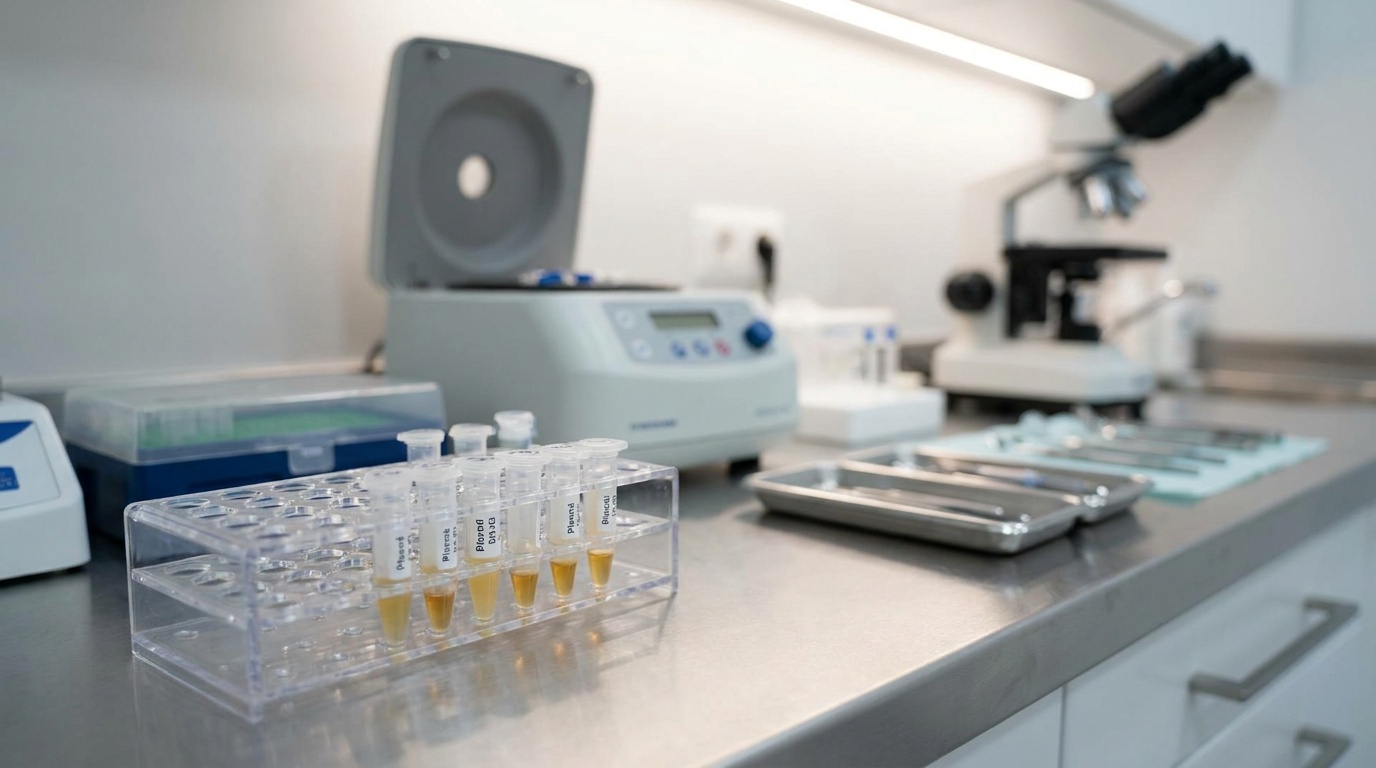 Zentrifugenröhrchen mit Blutplasma in einem modernen Dentallabor