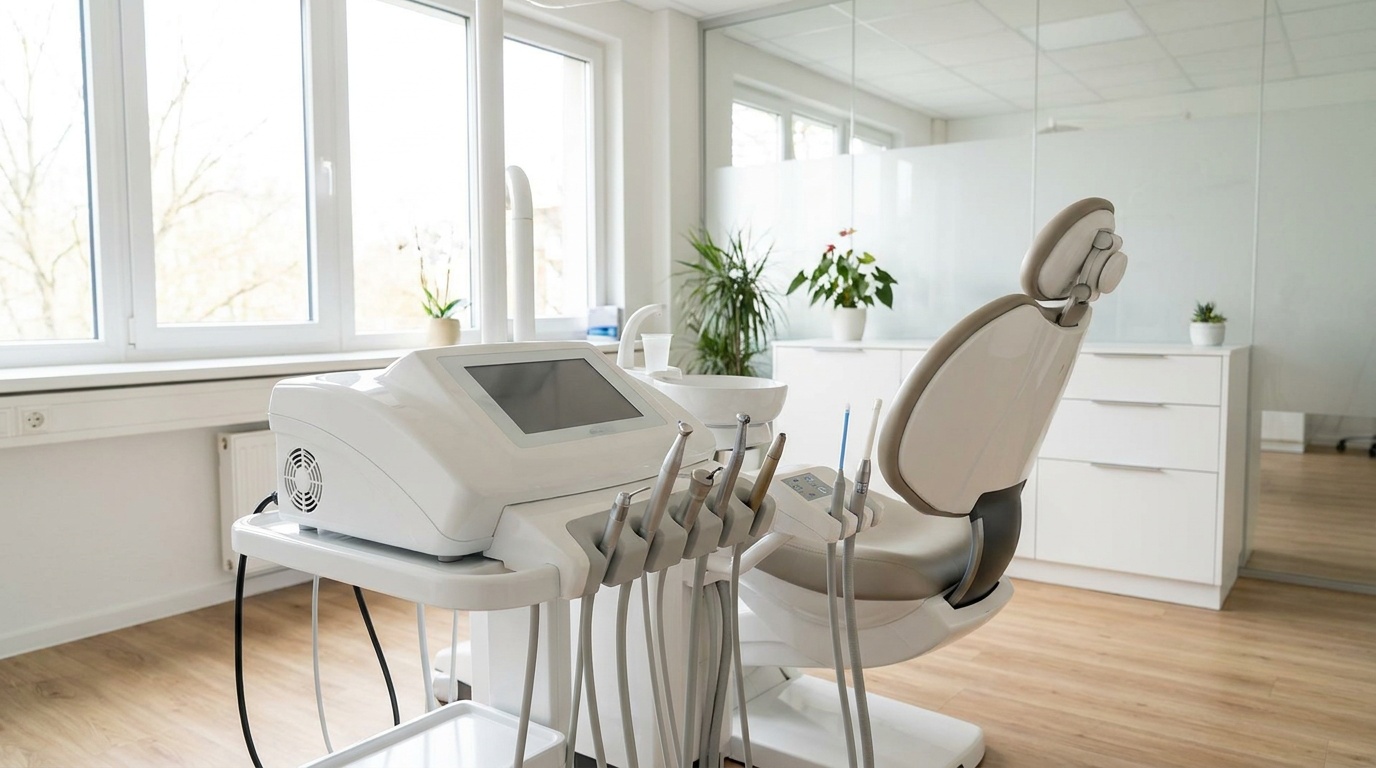 Modernes Ozontherapie-Gerät neben einem Behandlungsstuhl in einer Zahnarztpraxis