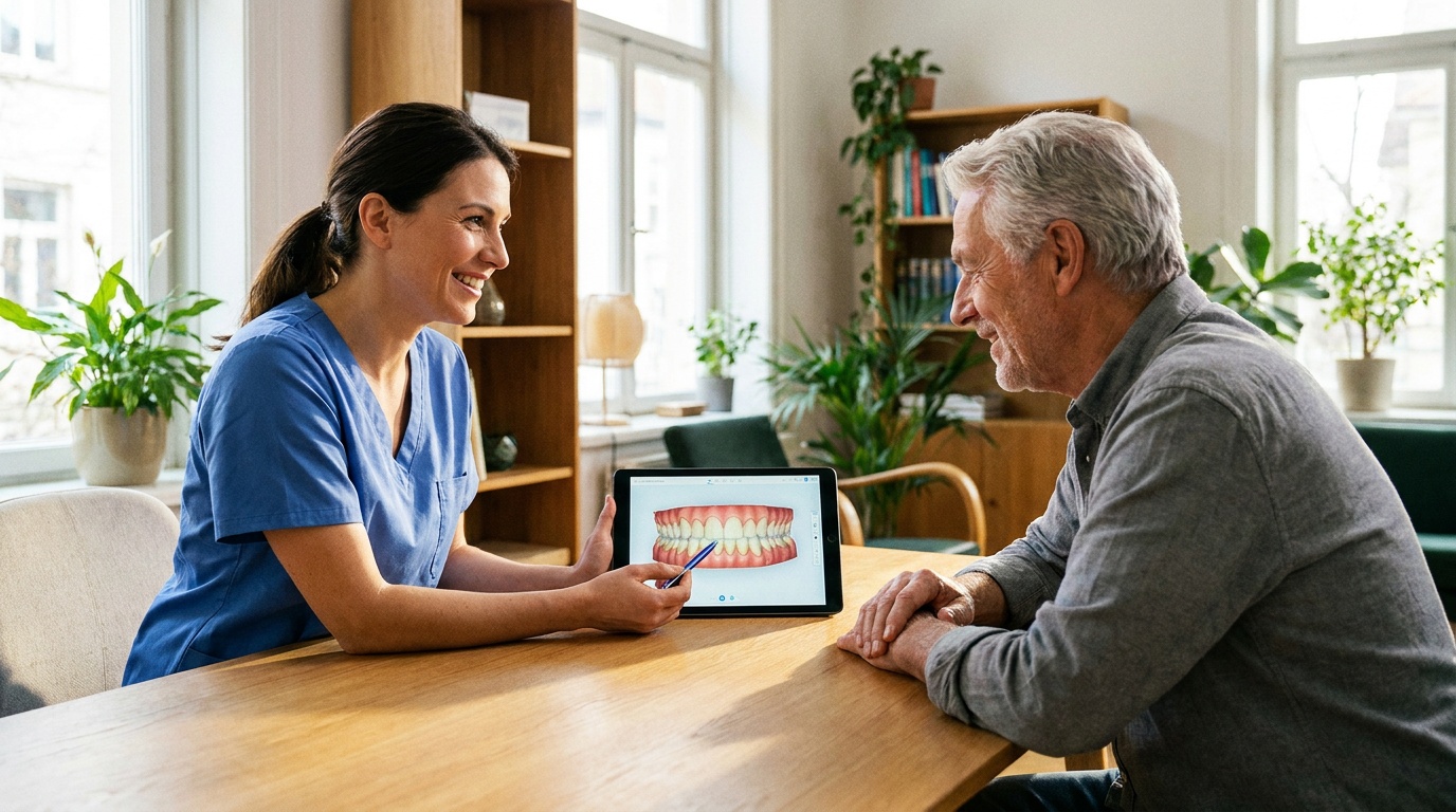 Zahnarzt bespricht Behandlungsplan mit Patient am Tablet